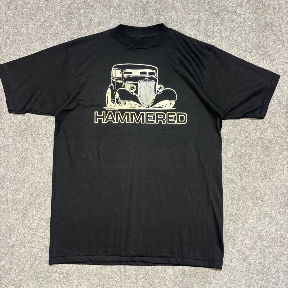 Vintage 1982 High Gear Hammered Hot Rod T-Shirt Mens XL Black Single Stitch 80s